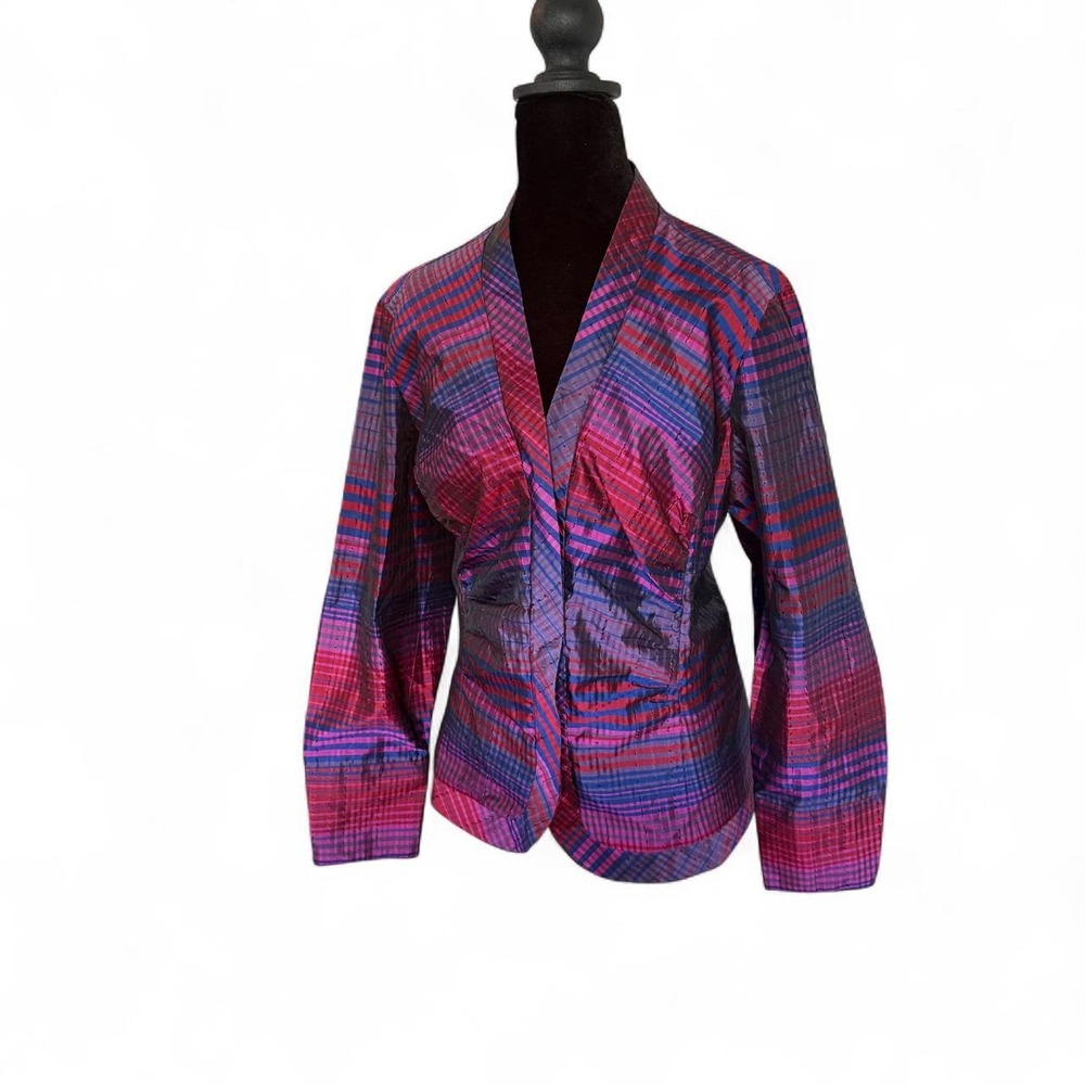 Coldwater Creek Vintage Pink Purple Plaid Ruched Zip Up Blazer Jacket Petite L